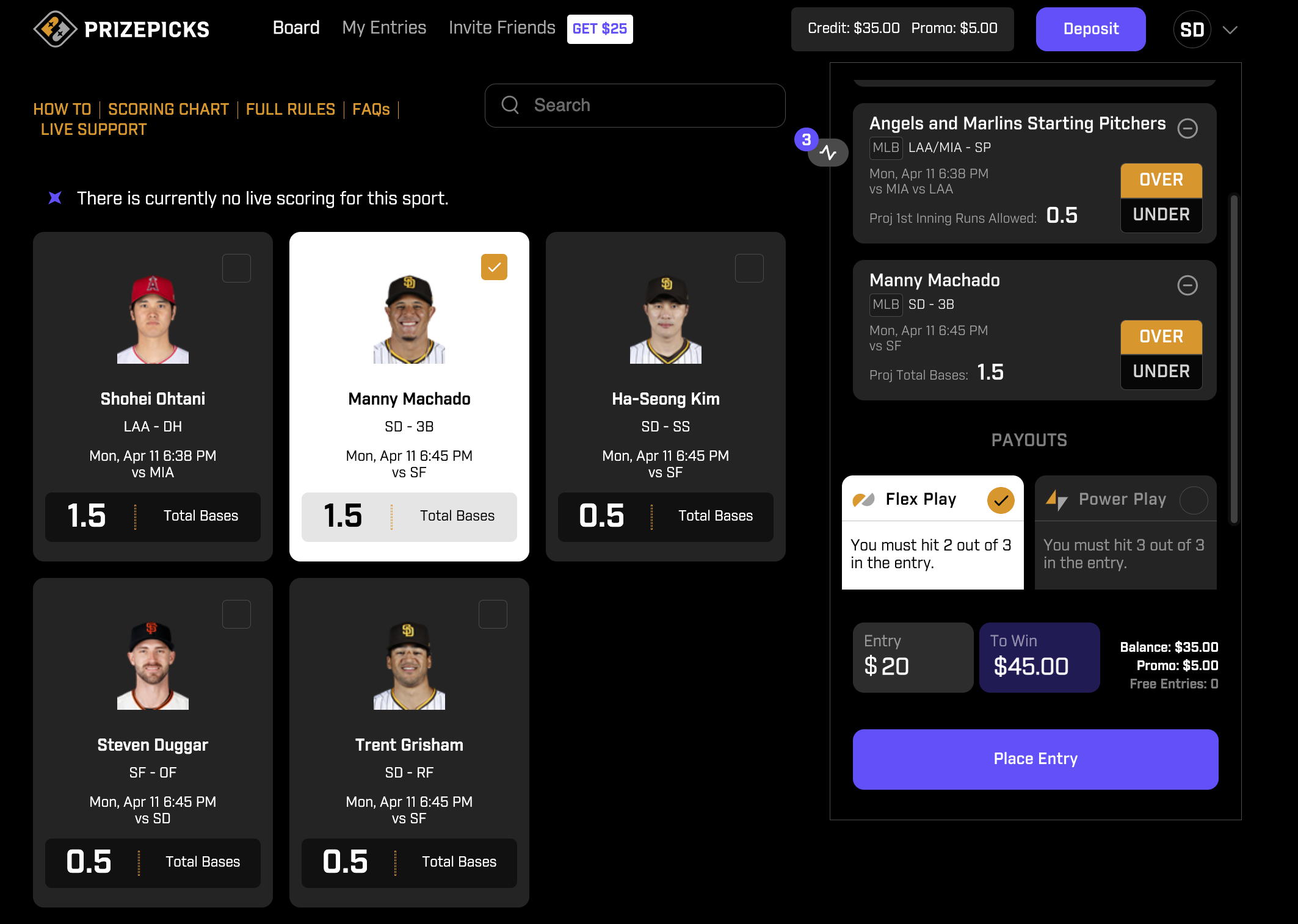 MLB PrizePicks Flex Play Screenshot