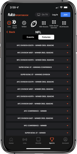 NFL futures page for the Fubo mobile app