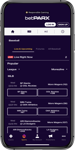 Live betting menu on betPARX mobile app