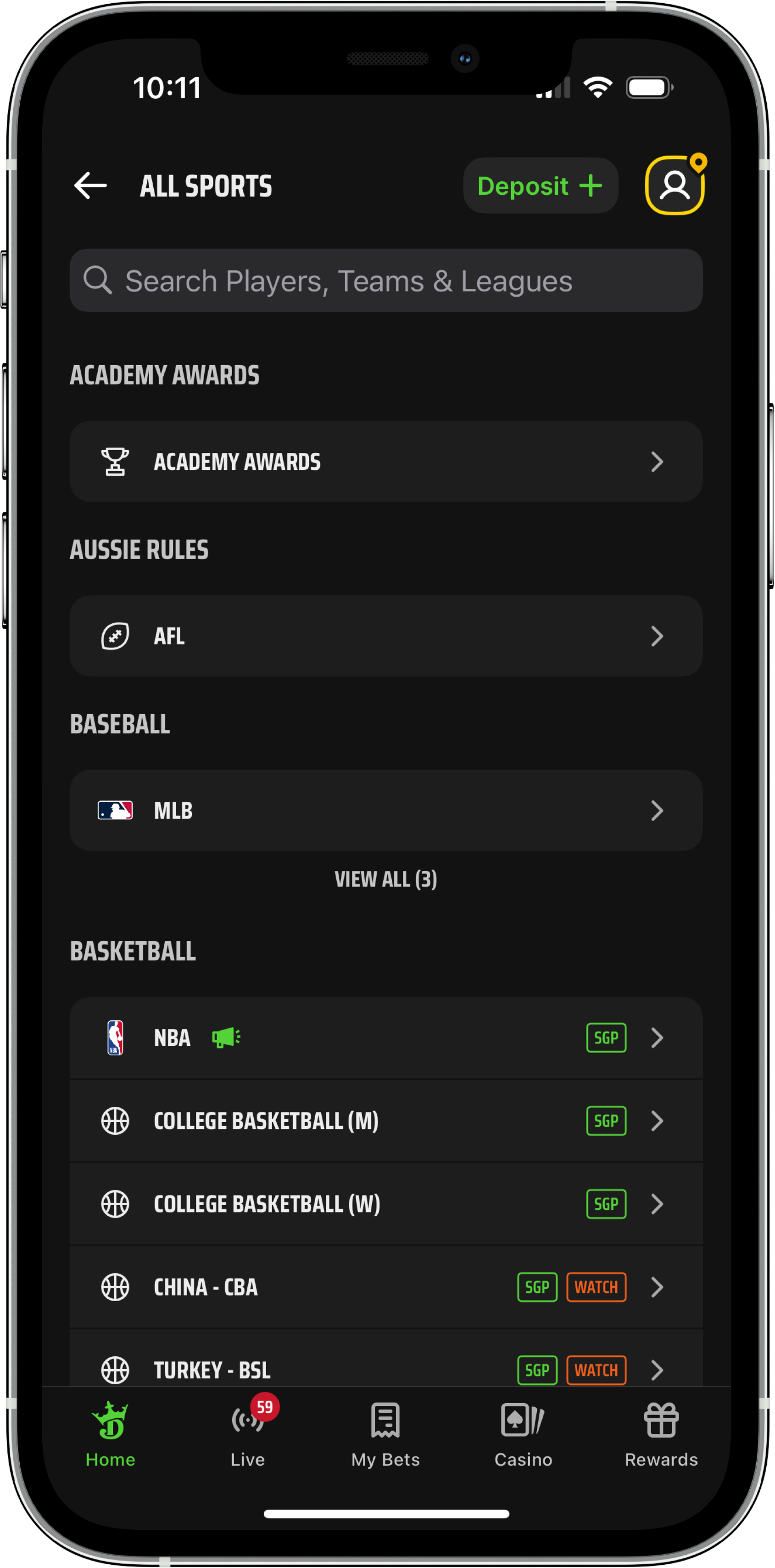 Search and Sport Selection on DraftKings mobile app