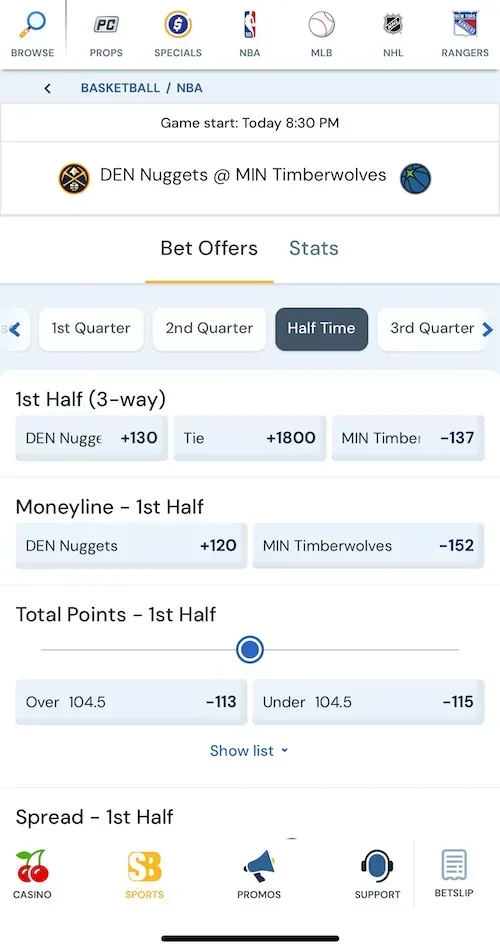 BetRivers Half Bets