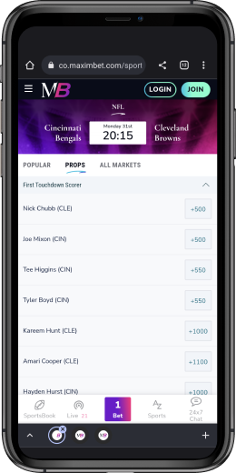 MaximBet player props screen shot