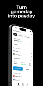Polymarket mobile app showing live sports prediction market with portfolio balance, NFL game picks, and trading options