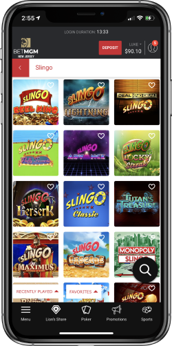 Slingo game choices in BetMGM mobile casino app