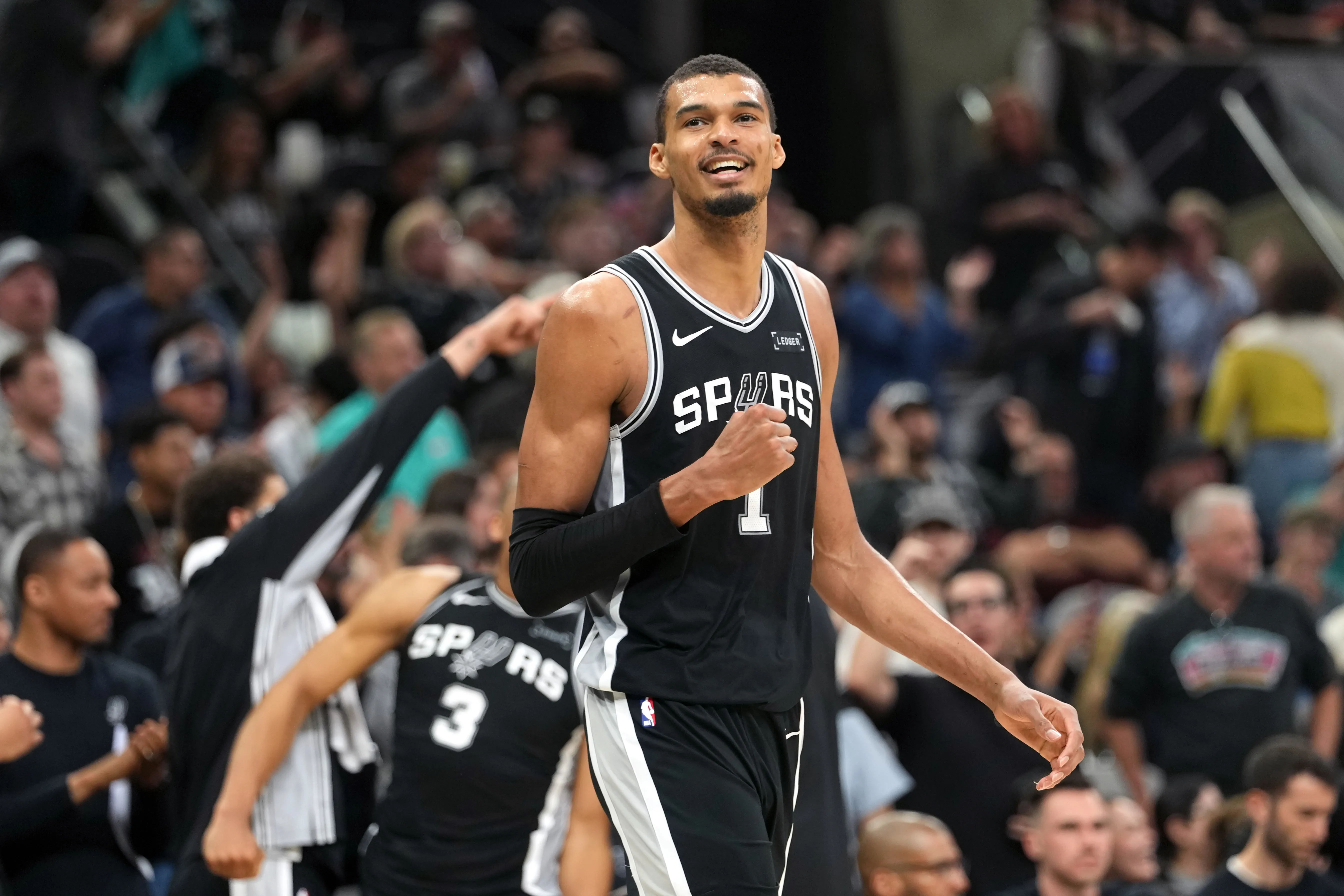 San Antonio Spurs forward forward Victor Wembanyama (1) pumps his fist at the end of the second half against the Detroit Pistons at Frost Bank Center. Mandatory Credit: Scott Wachter-Imagn Images