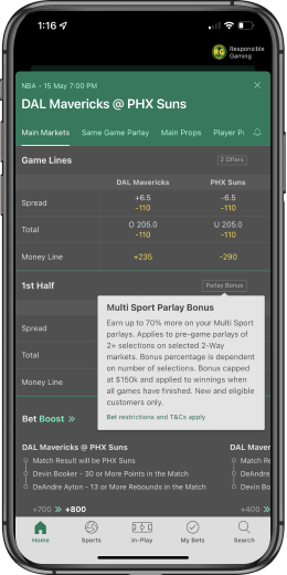 Tooltips on the bet365 mobile app