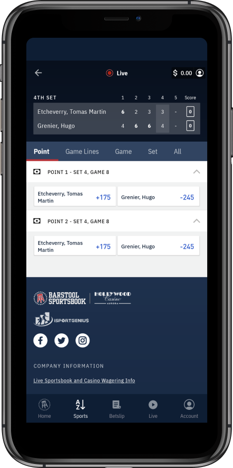 Live betting interface on Barstool mobile app