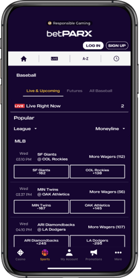 Live betting menu on betPARX mobile app