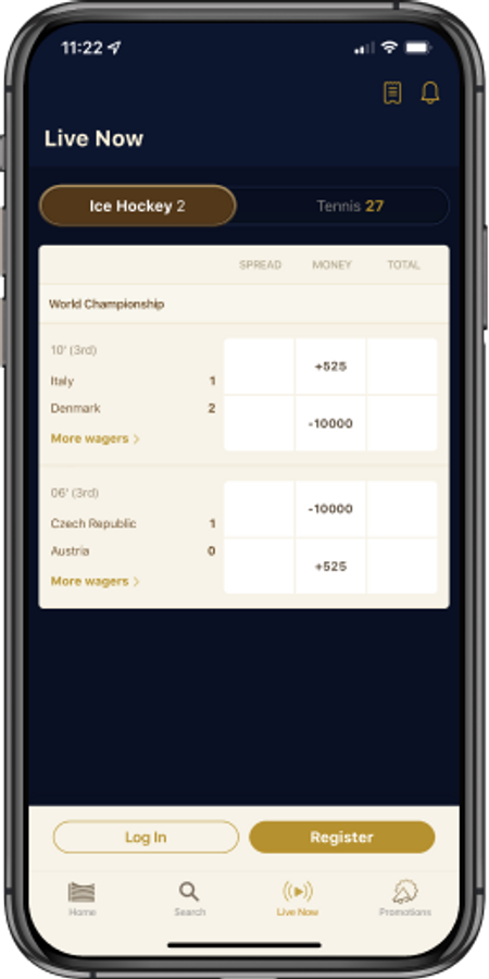 Live game selection from WynnBet mobile app