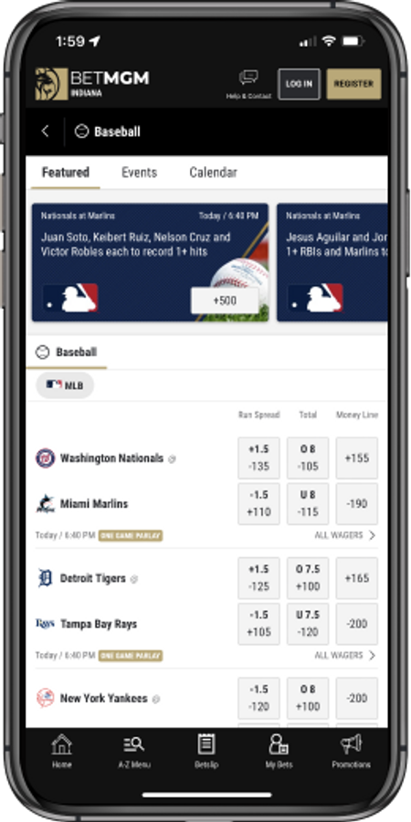 MLB Homepage on BetMGM mobile app
