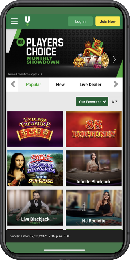 Popular games mobile app screen at Unibet