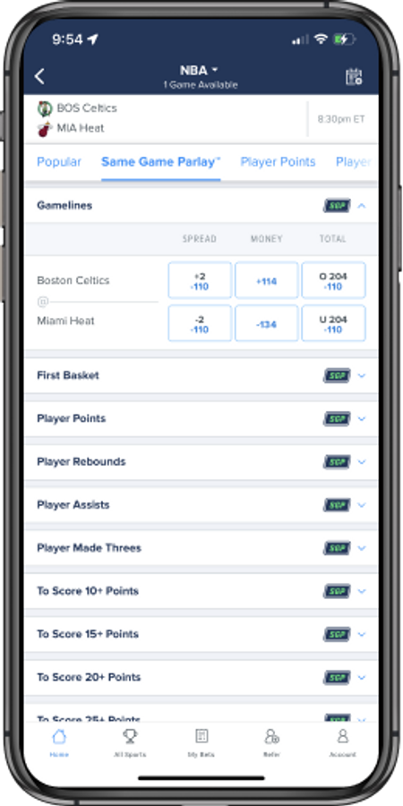 Same Game Parlay Interface on FanDuel mobile app