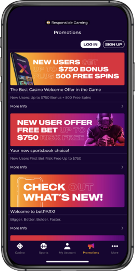 Promotions page on betPARX mobile app