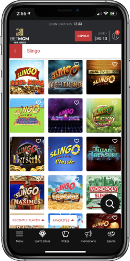 Slingo game choices in BetMGM mobile casino app
