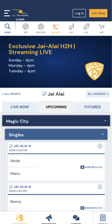 Jai Alai H2H on BetRivers mobile app