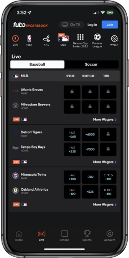 Live betting menu from Fubo mobile app