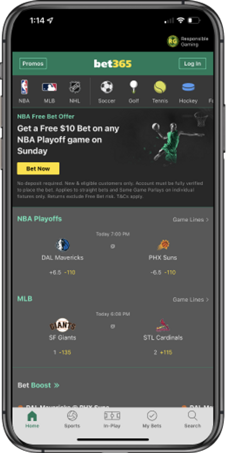 Mobile app home screen in bet365
