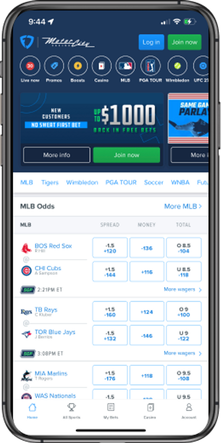 Home Screen Display for the FanDuel mobile app