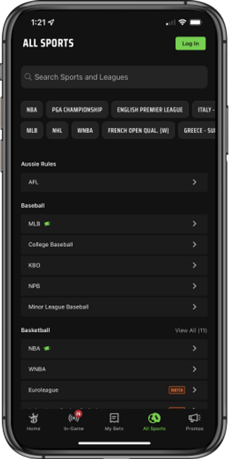 Search and Sport Selection on DraftKings mobile app