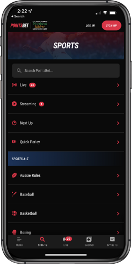 Search and Sport Selection on PointsBet mobile app