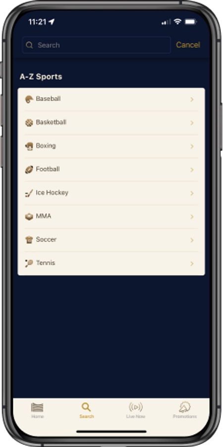 Search and sport selection on WynnBet mobile app
