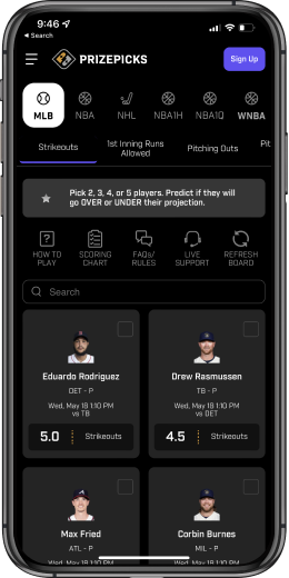 MLB home screen on PrizePicks Mobile App