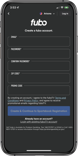 Sign up page for fubo mobile app