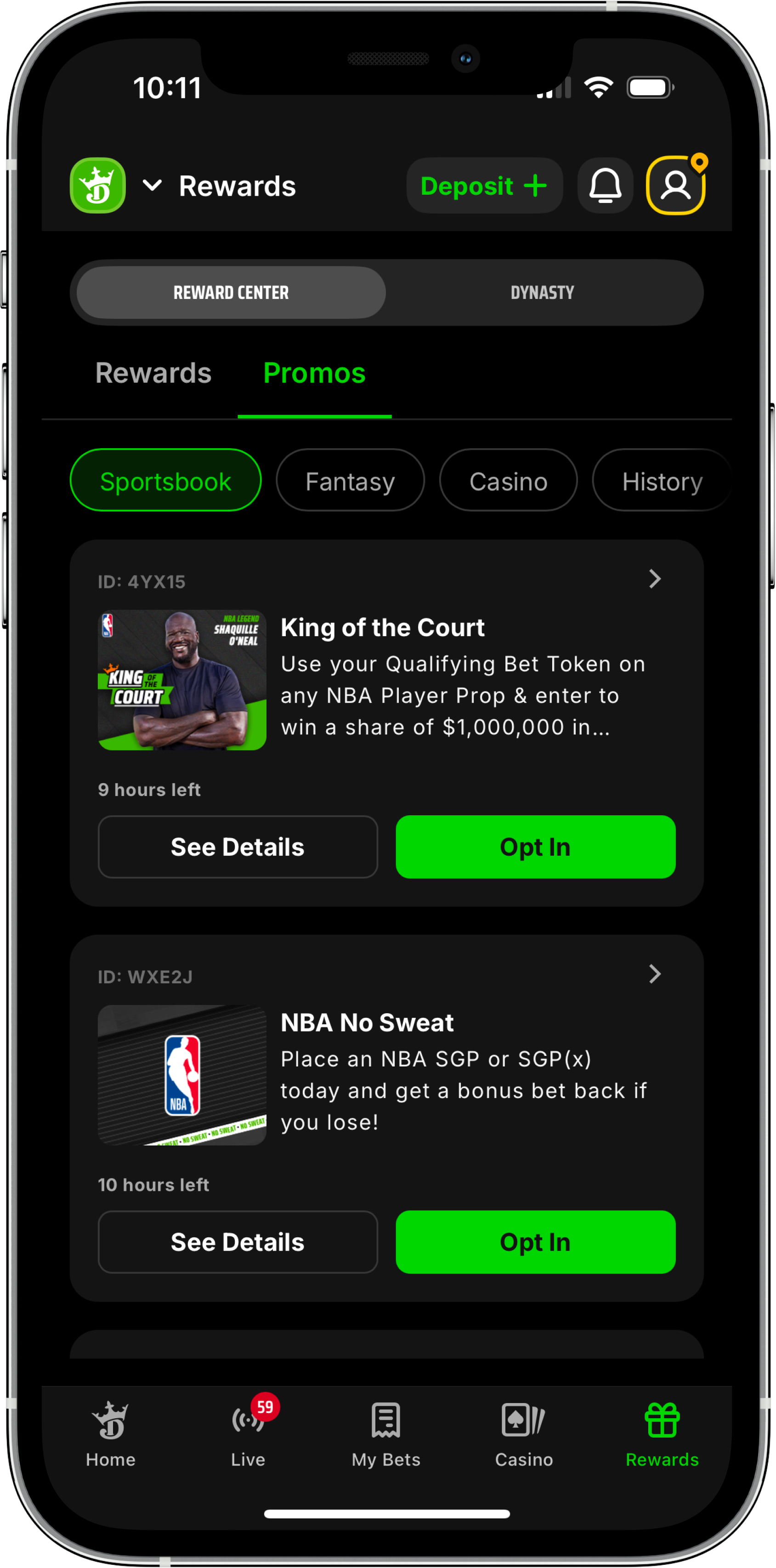 Promo Page from DraftKings mobile app