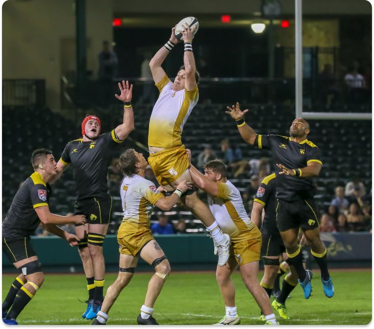 New Orleans Gold flanker Matt Hughston (7) wins the ball in the line out during the Major League Rugby match against Houston SaberCats