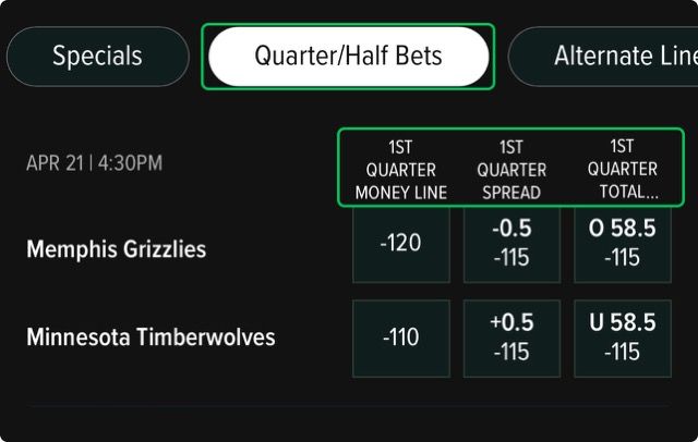 Caesars Sportsbook Half Bets in mobile app NBA