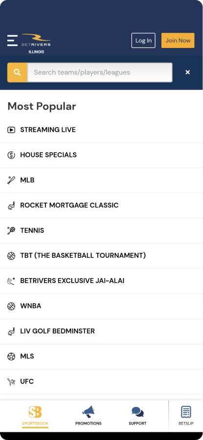 Search and Sport Selection on BetRivers mobile app