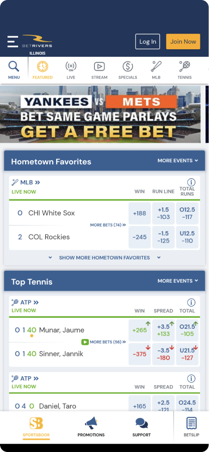 Home Screen on BetRivers mobile app