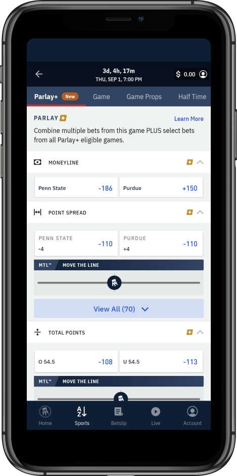 Parlay interface on Barstool mobile app