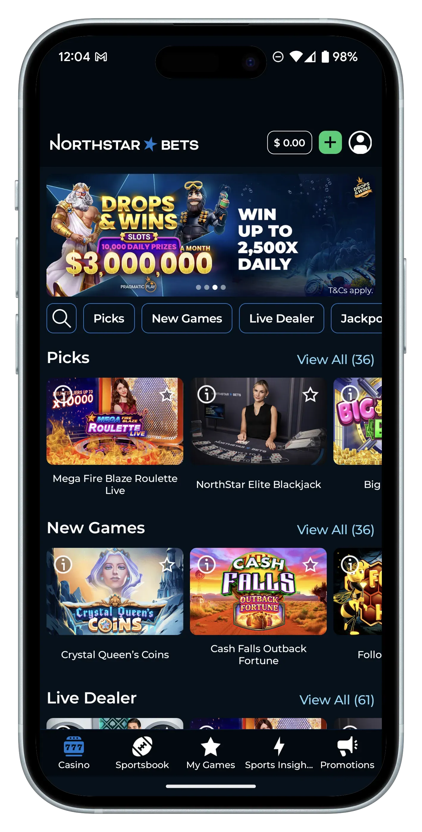 NorthStar Bets App Home