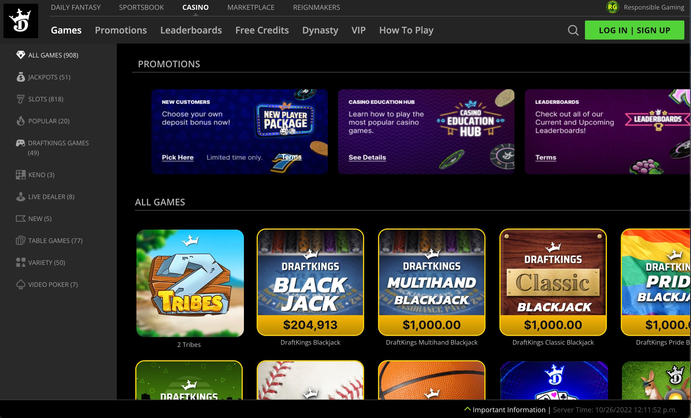 DraftKings Casino Web Homepage
