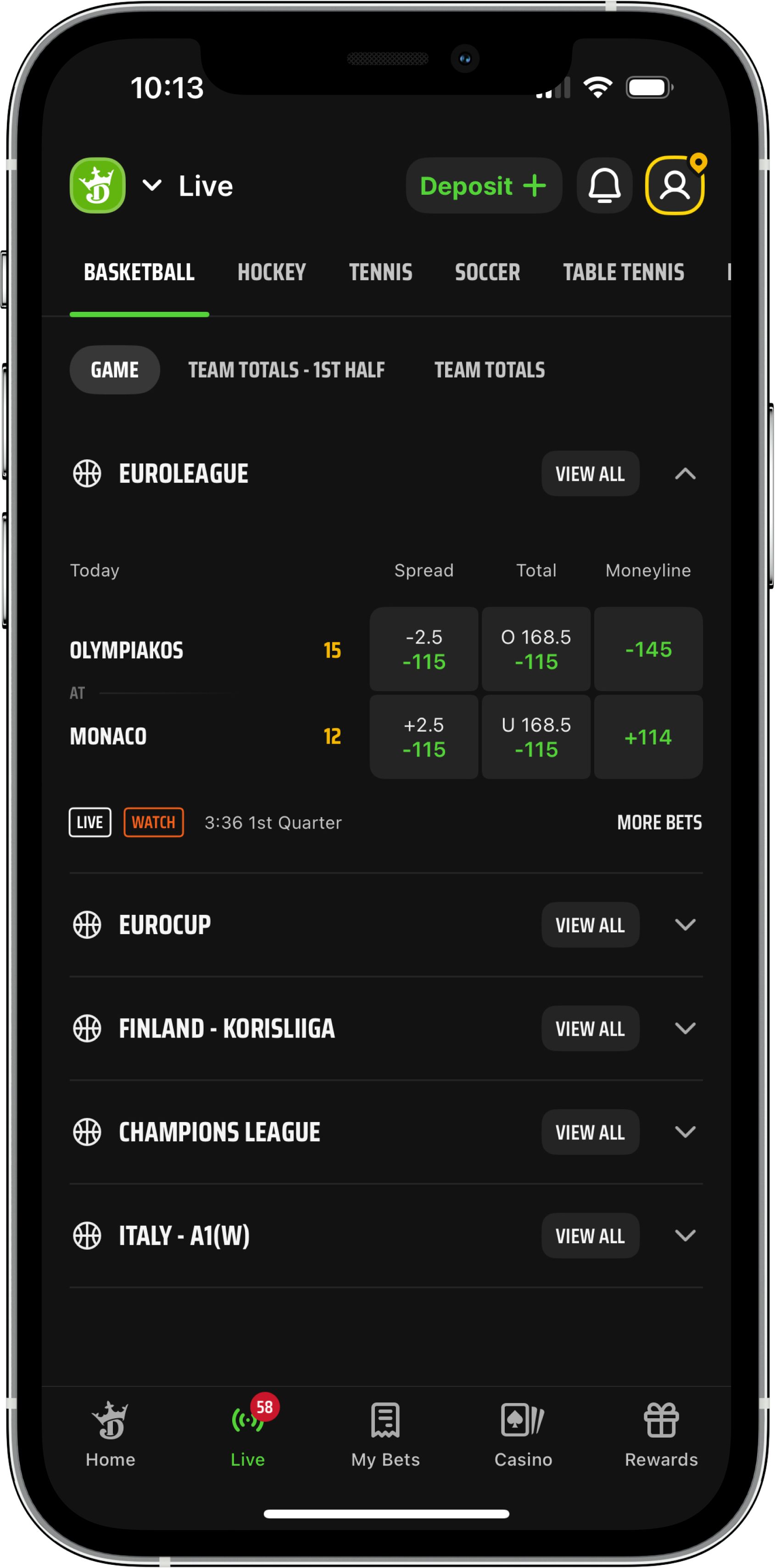 In-Game and Live Betting on DraftKings mobile app