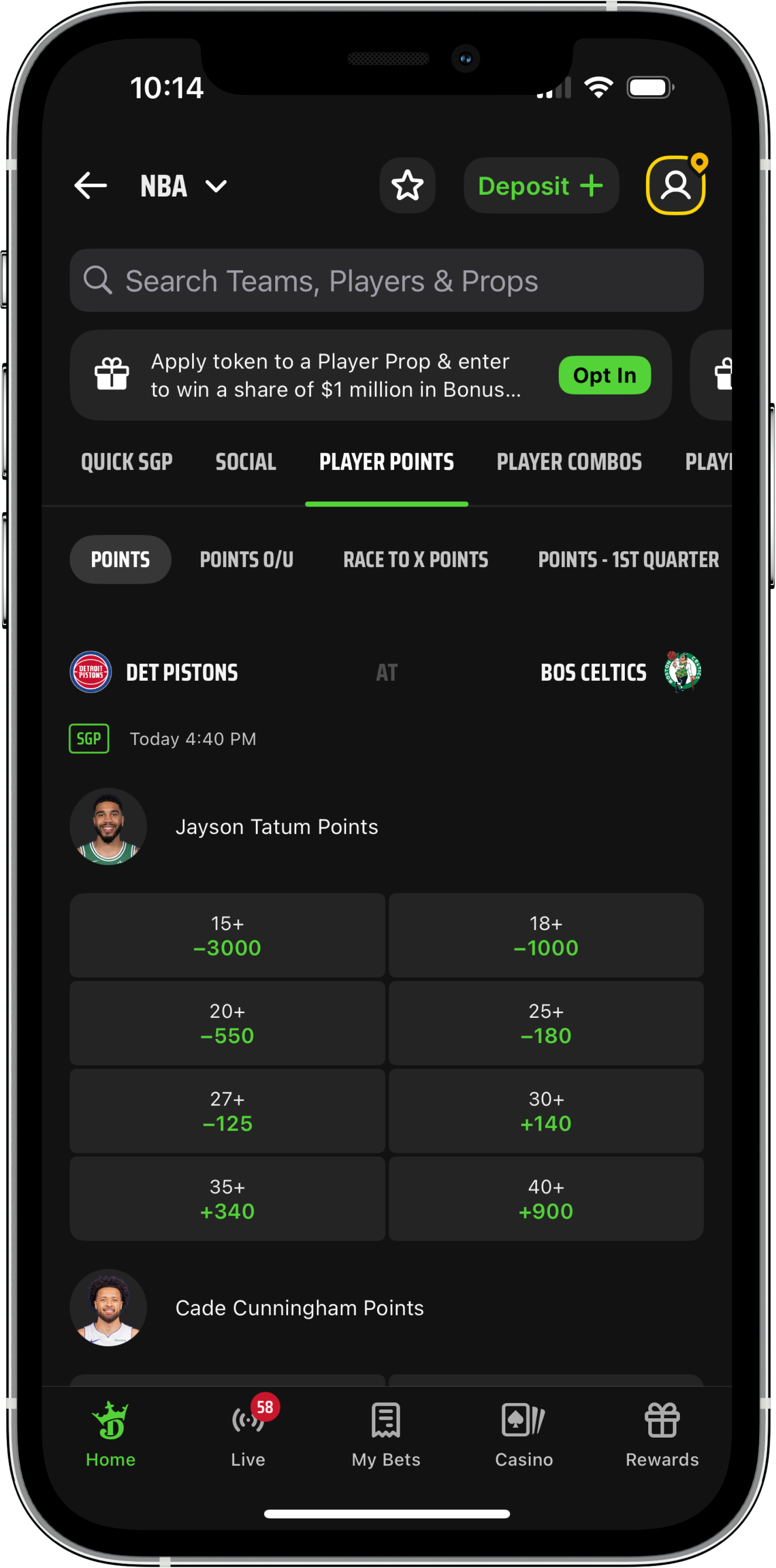 NBA Player Props on DraftKings mobile app