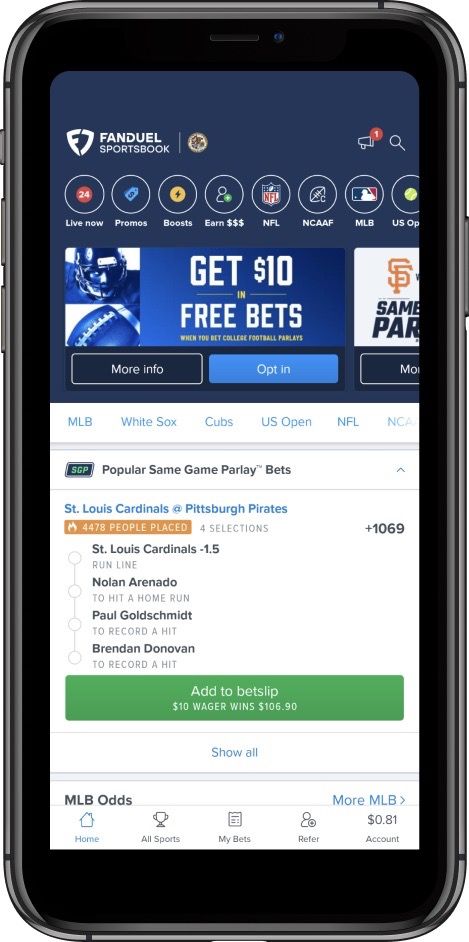 Home Screen Display for the FanDuel Sportsbook app