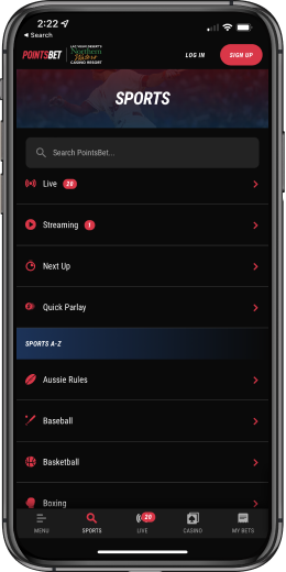 Search and Sport Selection on PointsBet mobile app