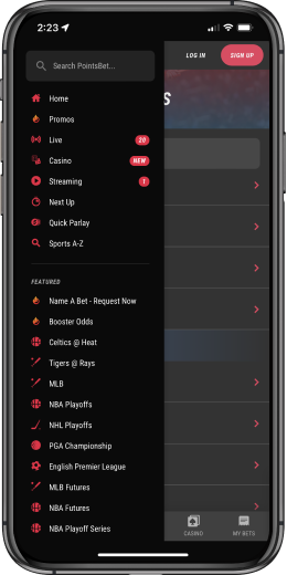 Sidebar Menu for the PointsBet mobile app