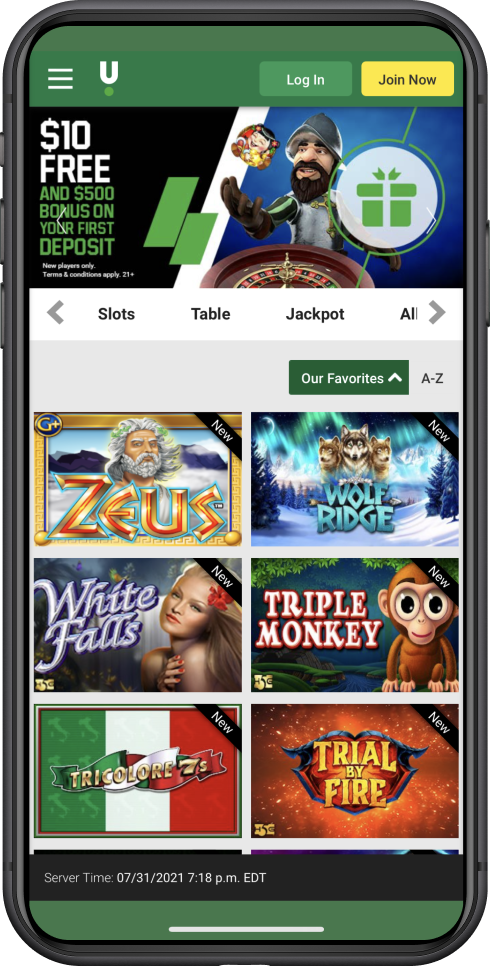 Unibet Casino's homescreen