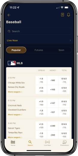 Sport specific betting page on WynnBet mobile app