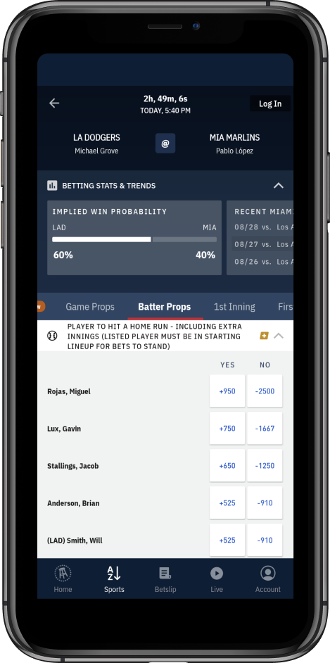 Prop Betting interface on Barstool mobile app