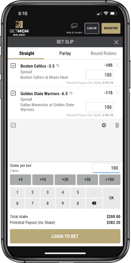 BetMGM Bet slip with straight bet in mobile app