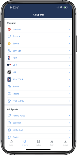 Sport Navigation on FanDuel mobile app