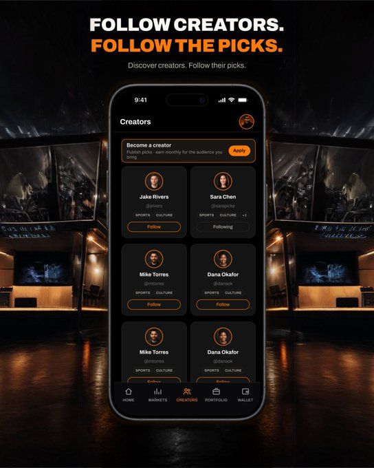 PredictArena Creators screen listing sports handicappers to follow, under the tagline "Follow Creators. Follow the Picks."