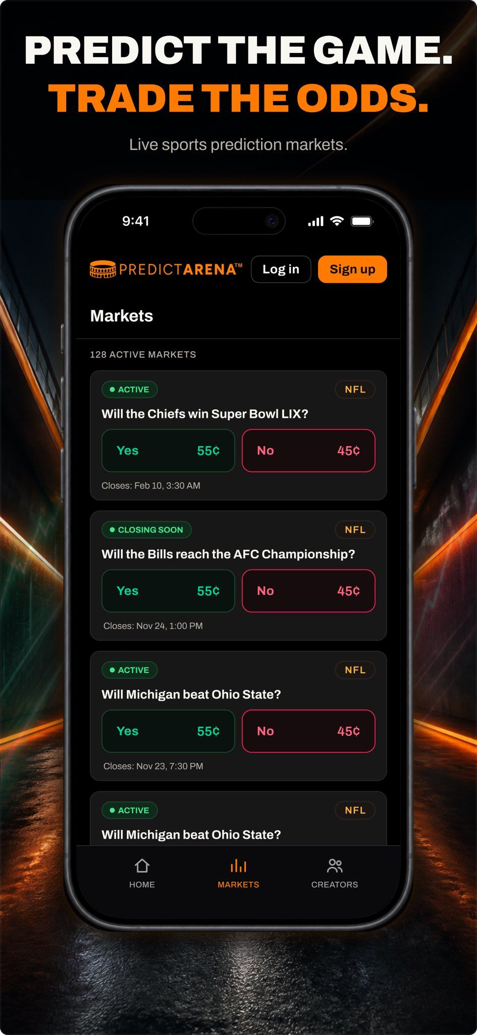 PredictArena app screen showing active NFL prediction markets with Yes/No prices, under the tagline "Predict the Game. Trade the Odds."